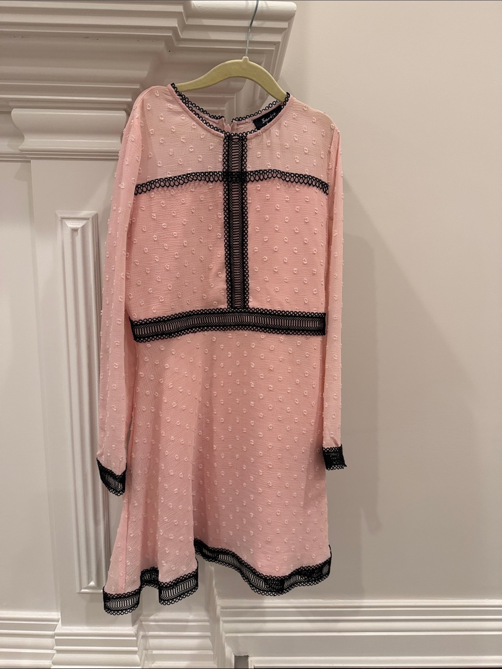 Bardot Pink Dotted Long Sleeve Mini Dress with Black Lace Trim